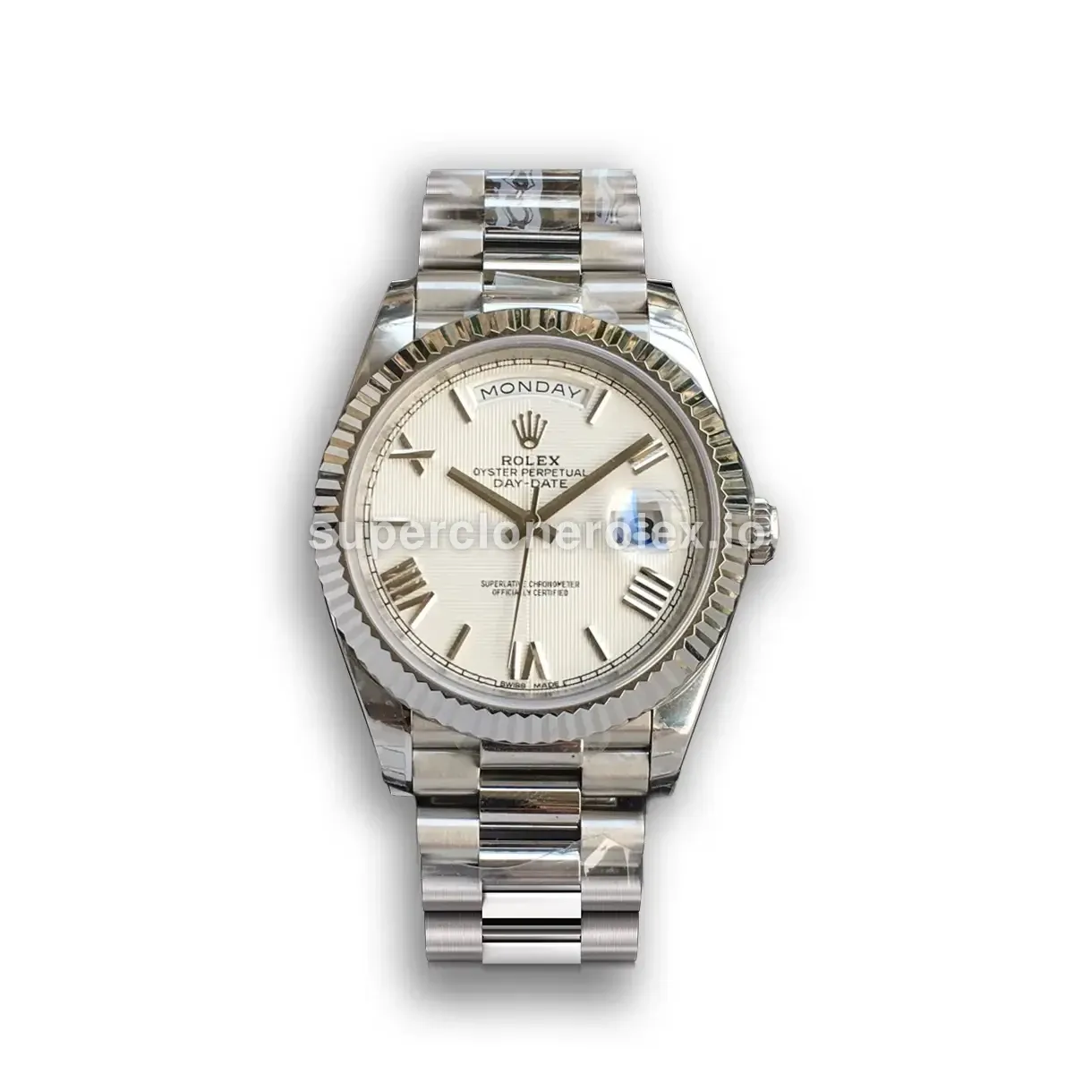 Rolex Day-Date 228239 super clone quadrant texture white dial, front view