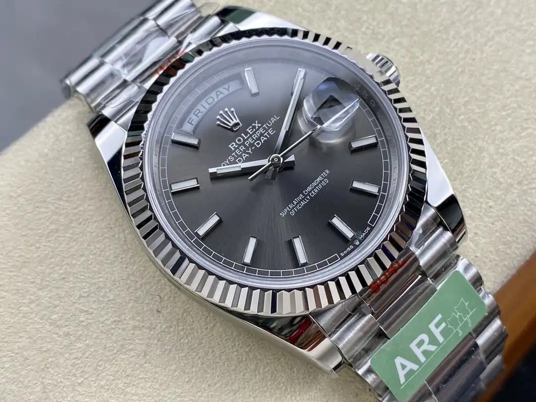 Rolex Day-Date 228239, white gold plated case, fluted bezel