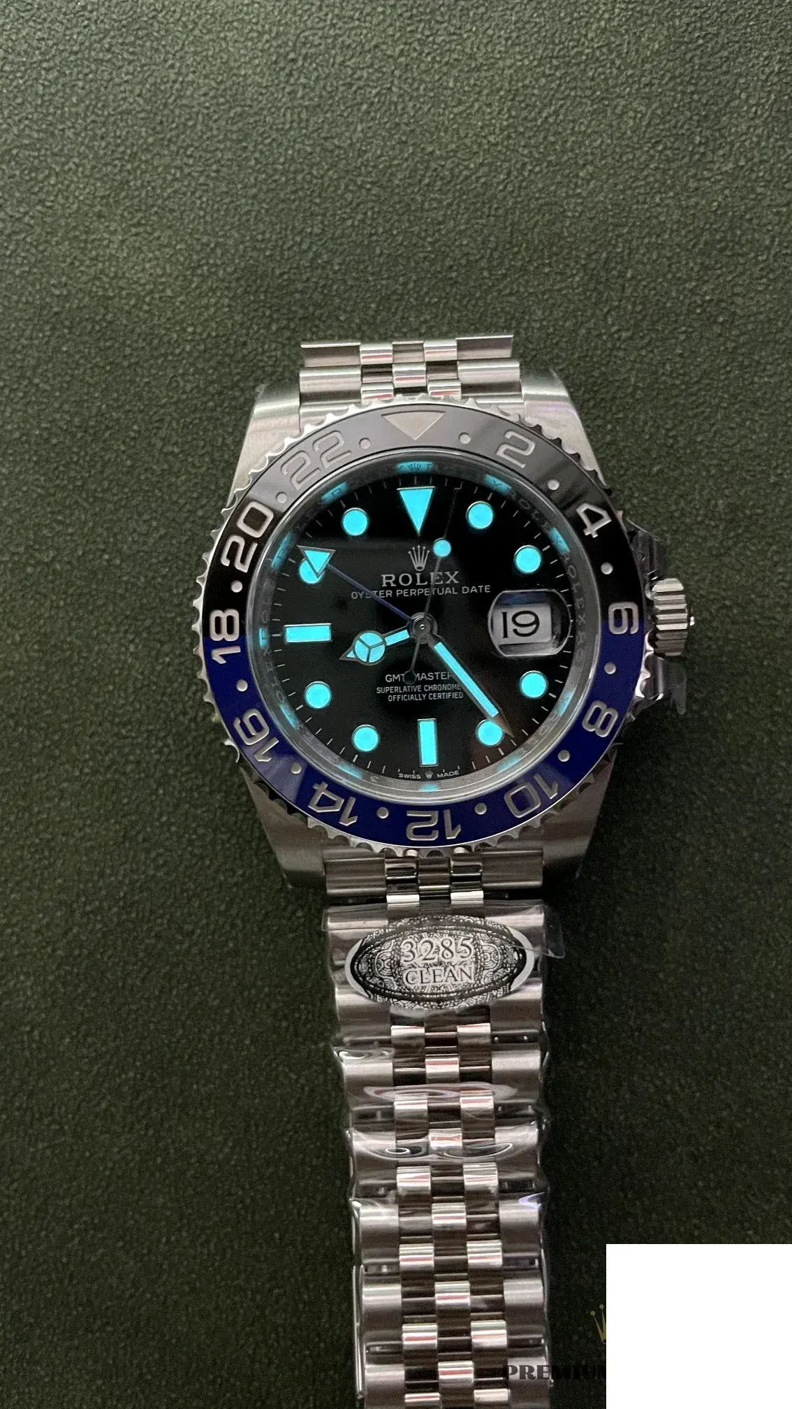 Rolex GMT-Master 126710BLNR superclone green dial — angled view
