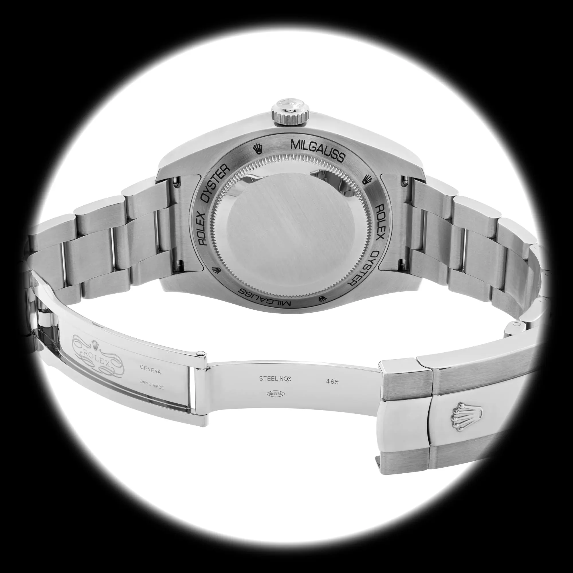 Milgauss 116400GV Swiss clone blue dial — caseback detail