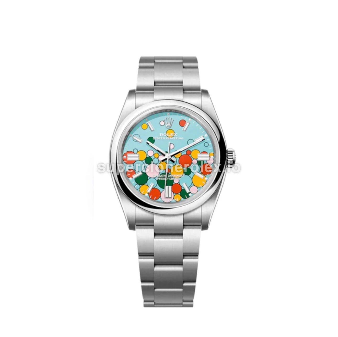 Oyster Perpetual 126000 super clone celebration motif, turquoise blue dial, front view