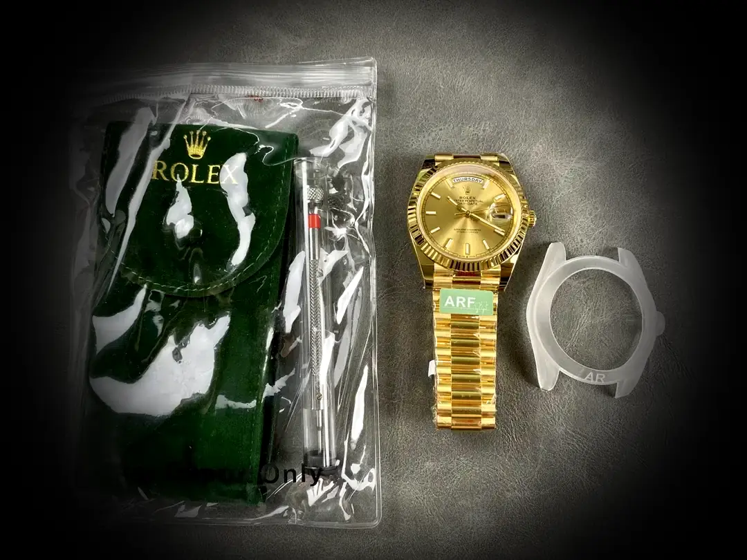 Day-Date 228238 superclone champagne dial — angled view