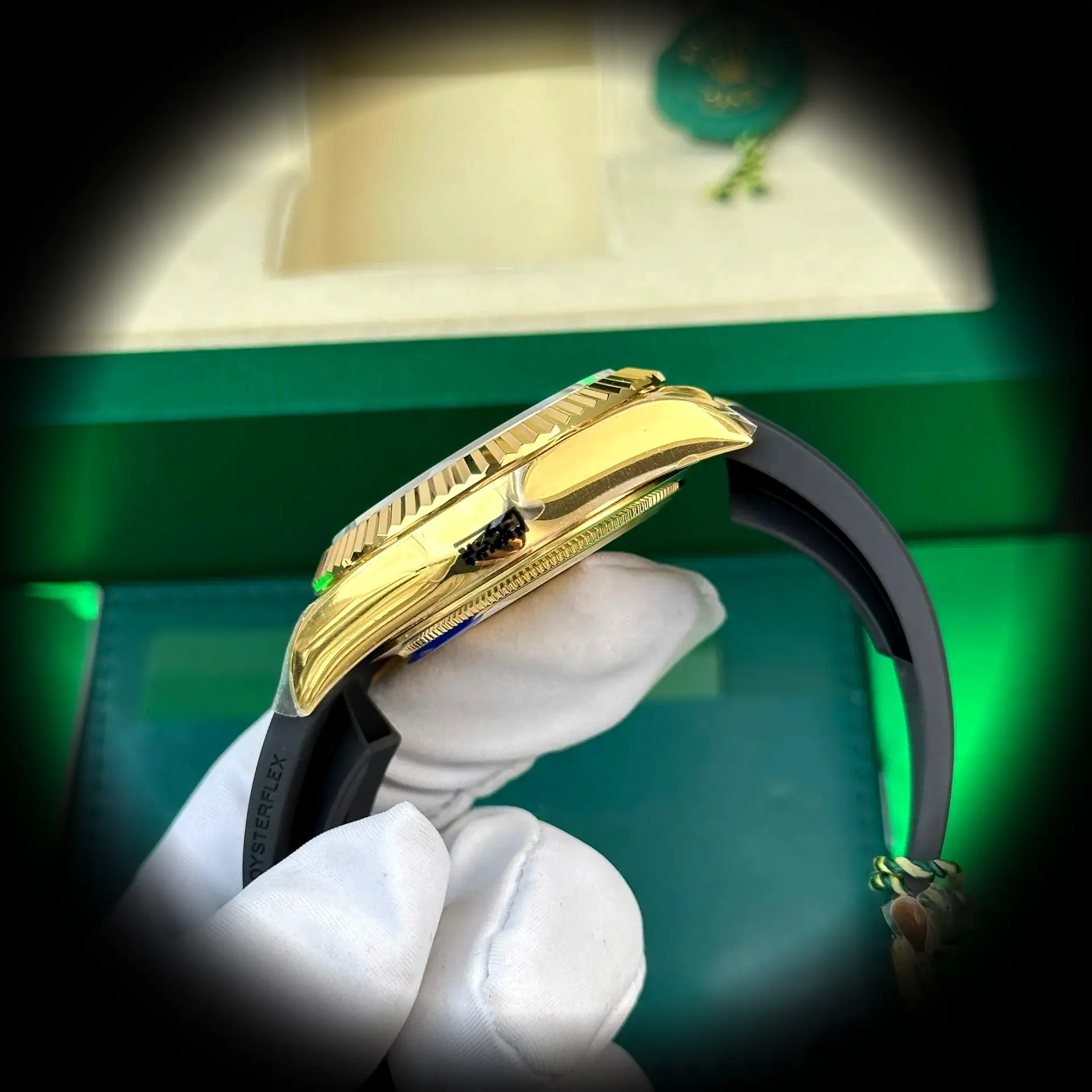 Sky-Dweller 336238 Swiss replica champagne dial — angled view