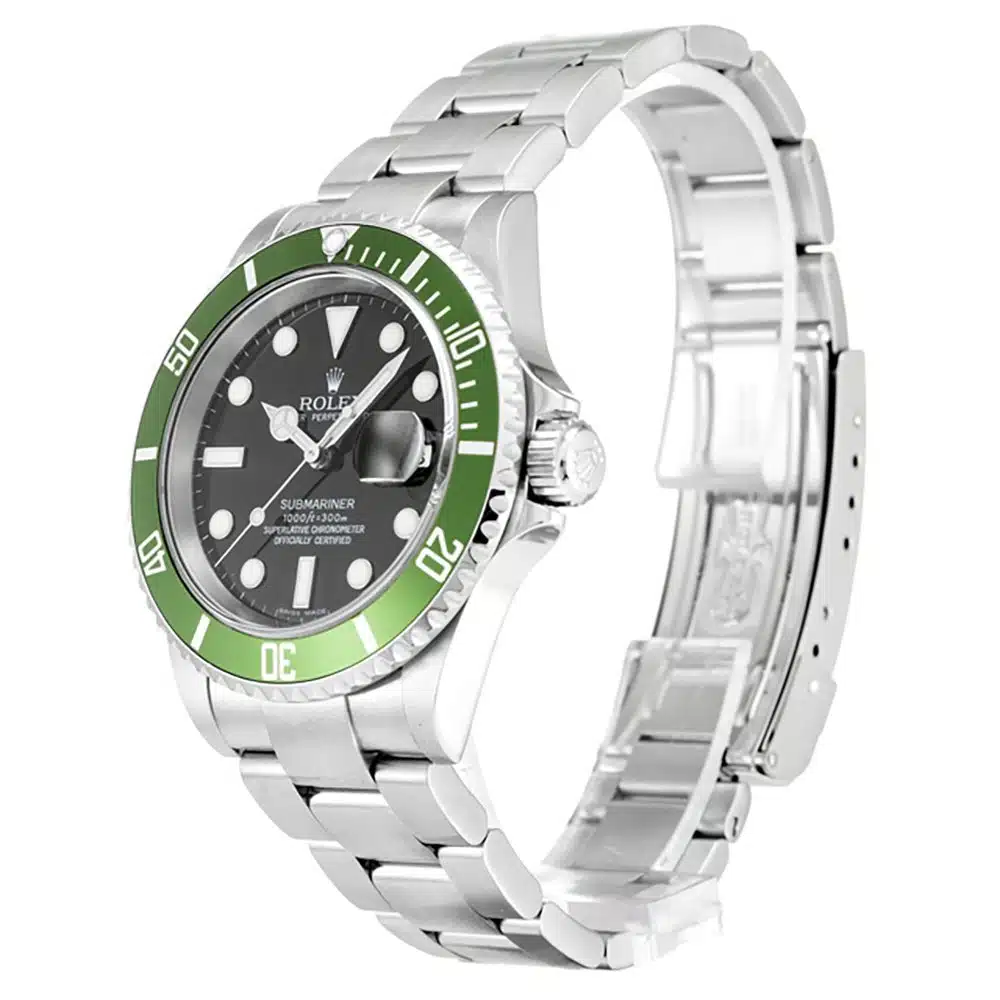 Three-quarter angle, green bezel numerals, folded Oyster links curving behind the case