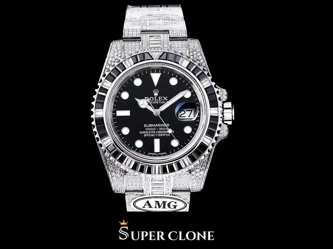 Full front against a dark ground, bezel ring alternating clear and dark baguettes, cyclops over 27