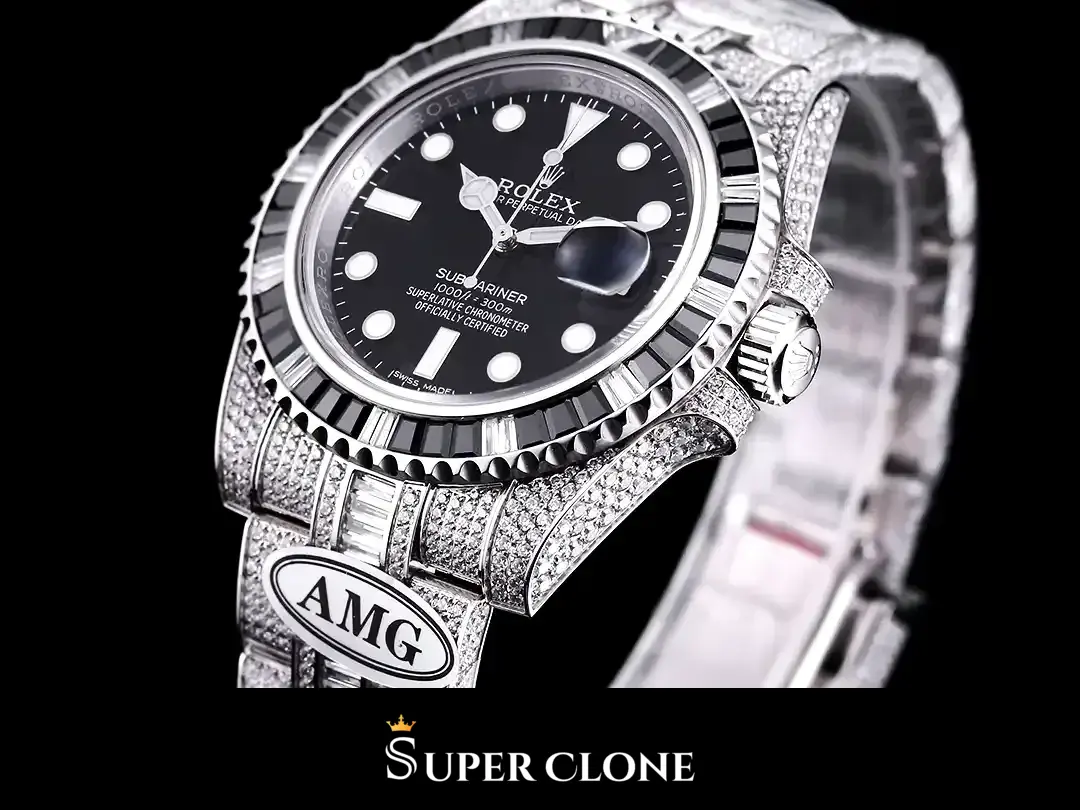 Fluted crown at three, lug and case flank set edge to edge with small round cuts, bracelet blurred