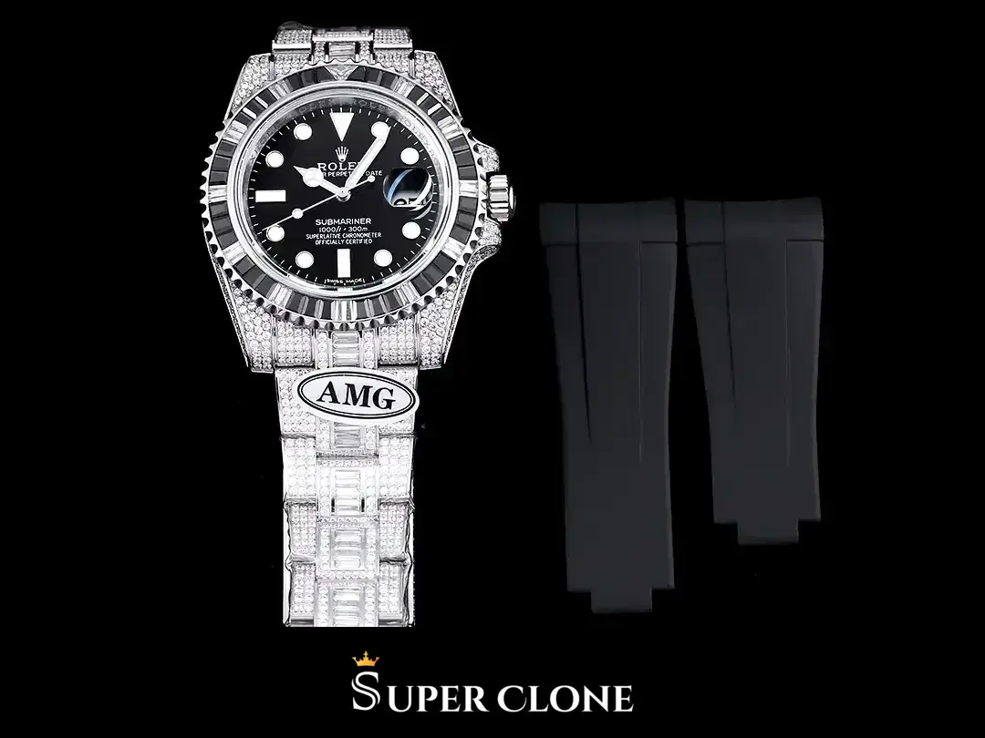 Watch shown beside a spare two-piece black rubber strap with curved ends, laid flat