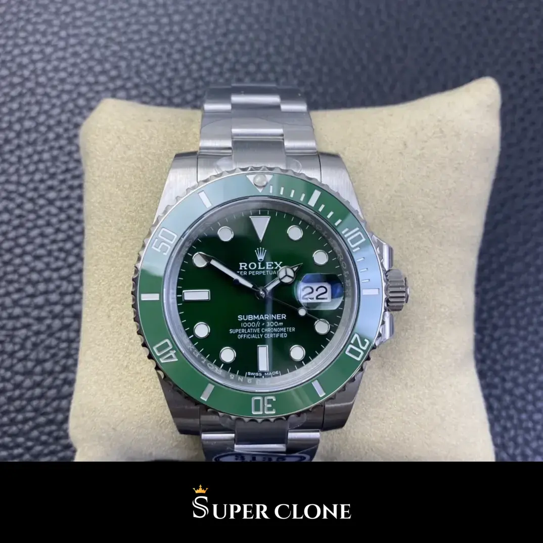 Hulk dial in deep green sunburst, applied markers, Mercedes hands and a date at three