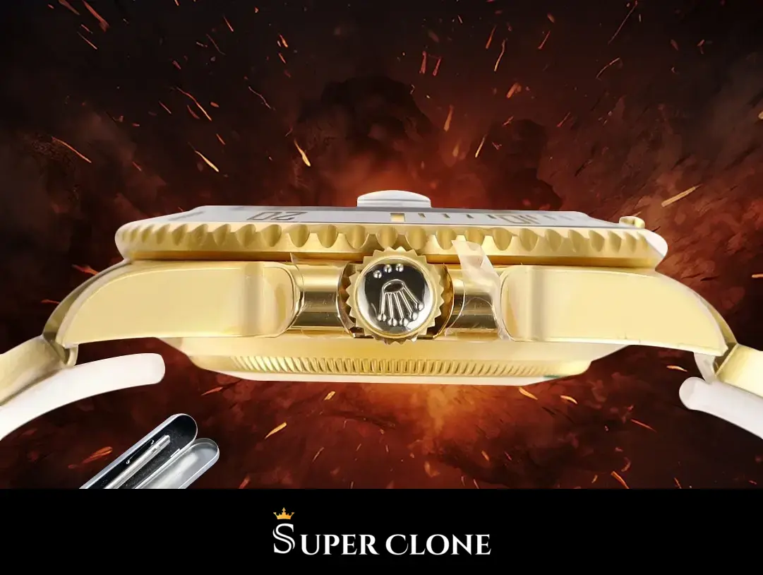Edge-on profile, screw-down crown centred between guards, coin-edge caseback rim below