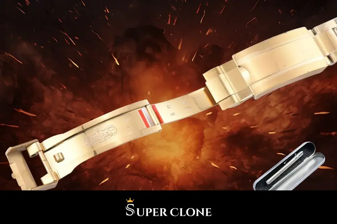 Folding Oyster clasp opened flat, engraved coronet on the inner blade beside stamped marks