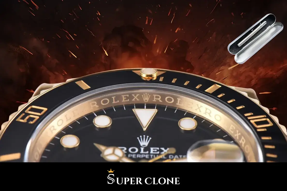 Top of the bezel in tight crop, rehaut lettering and the lume pearl at twelve