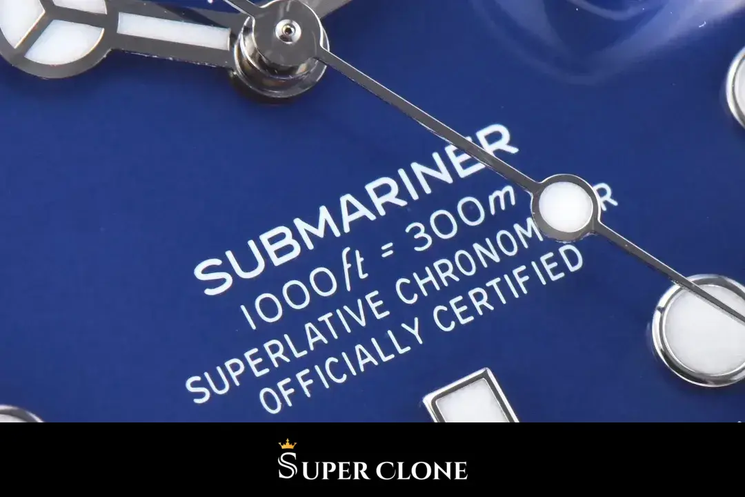 Macro of the dial print, depth rating line sitting under the seconds hand