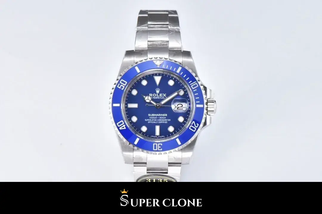 Front view straight on, whole watch centred, ceramic bezel and steel Oyster band