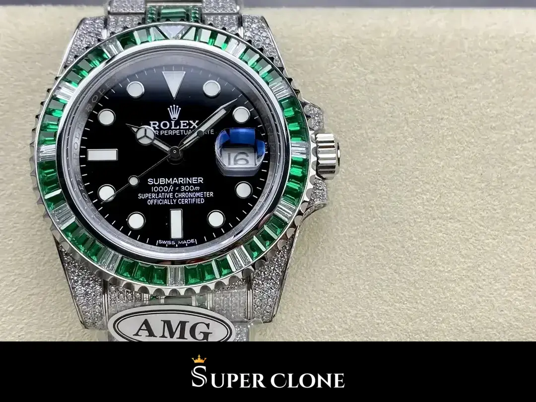 Dial close-up, glossy black face ringed by tiny stones and applied hour batons