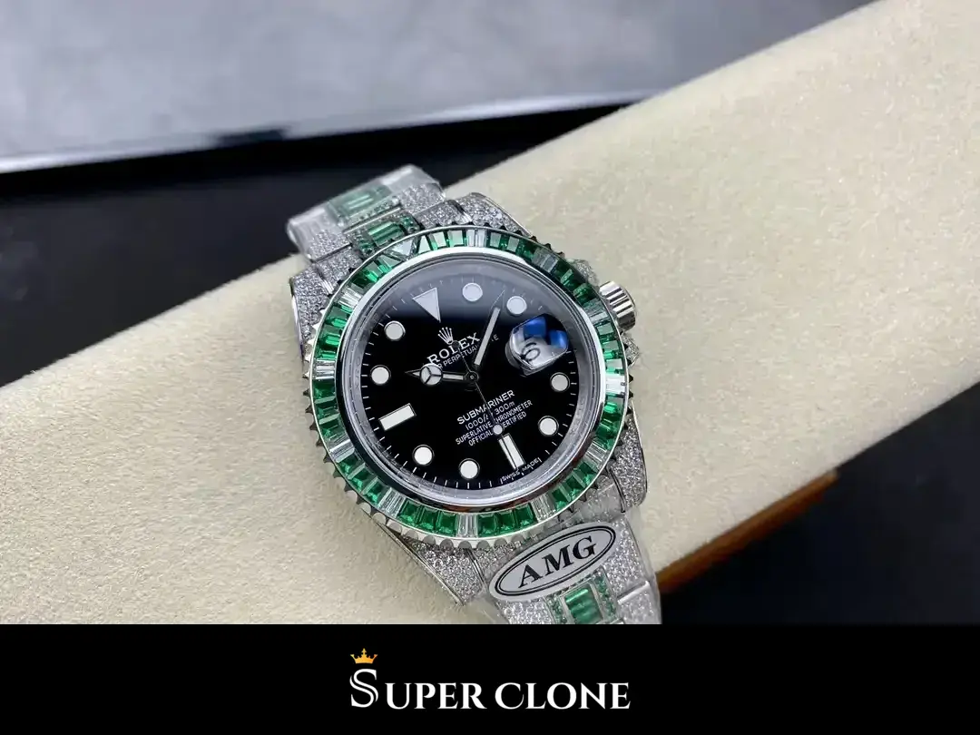 Wrist shot, 41mm stone set Submariner worn flat on a turned wrist