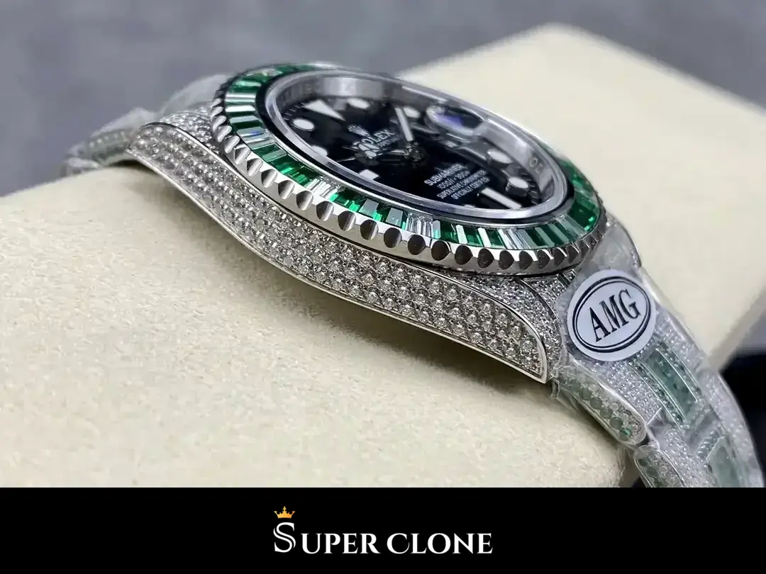 Angled view at 45 degrees, light running along paved lugs and bezel edge