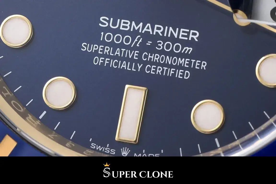 Lower dial text, depth rating set above the applied baton marker at six