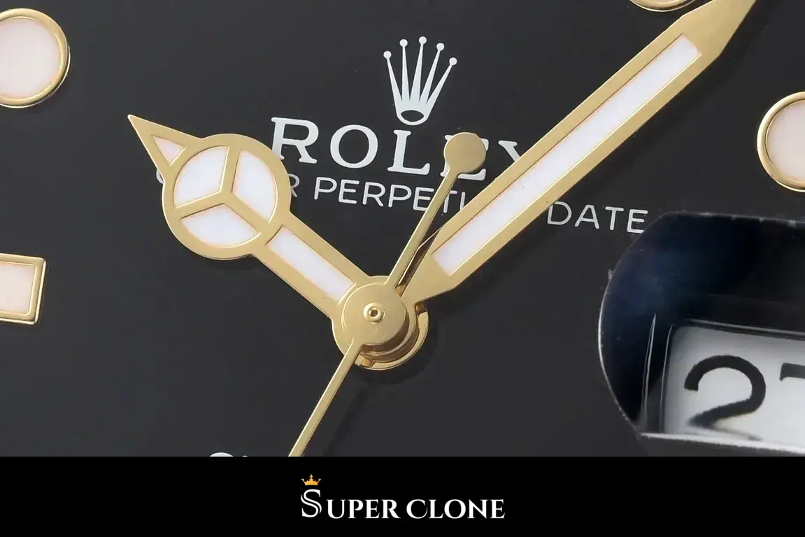 Mercedes hour hand crossing the minute hand, Rolex logo and dial text behind them