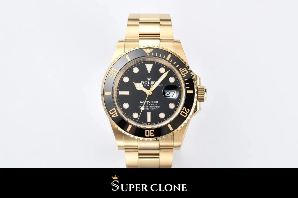 Straight-on studio frame on grey, full watch, minute track ringing the black face