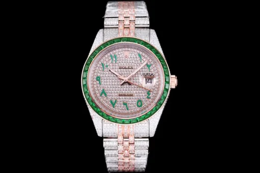 Rolex Super Clone Datejust 126300 41mm Arabic Dial Full-Diamond Green Bezel
