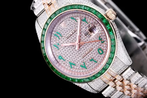 Super Clone Rolex Datejust 126300 41mm Arabic Dial Full-Diamond Green Bezel