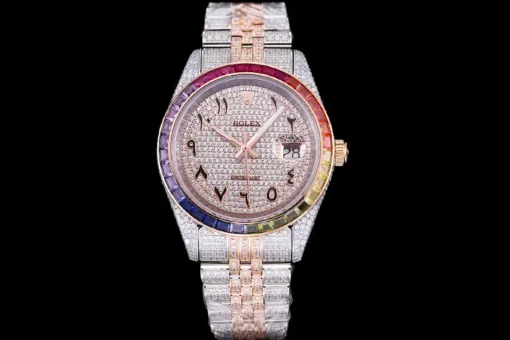 Rolex Super Clone Datejust 126300 41mm Arabic Dial Full-Diamond Rainbow Bezel