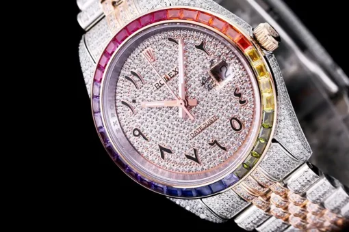Super Clone Rolex Datejust 126300 41mm Arabic Dial Full-Diamond Rainbow Bezel