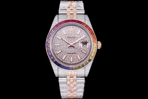 Rolex Super Clone Datejust 126300 41mm Dial Full-Diamond Rainbow Bezel