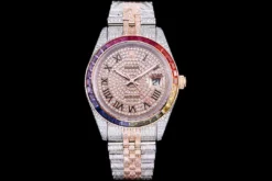 Rolex Super Clone Datejust 126300 41mm Roman Dial Full-Diamond Rainbow Bezel