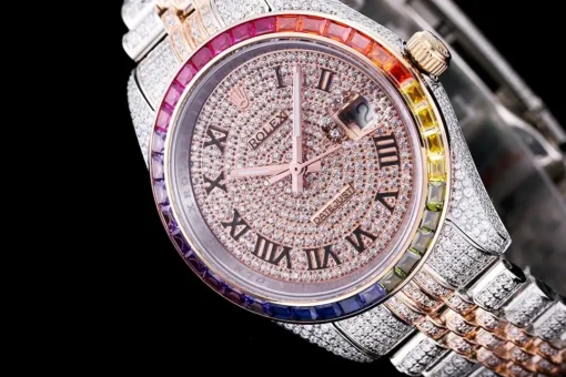Super Clone Rolex Datejust 126300 41mm Roman Dial Full-Diamond Rainbow Bezel