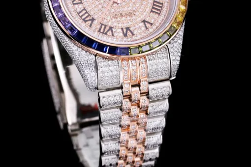 Best Fake Rolex Datejust 126300 41mm Roman Dial Full-Diamond Rainbow Bezel