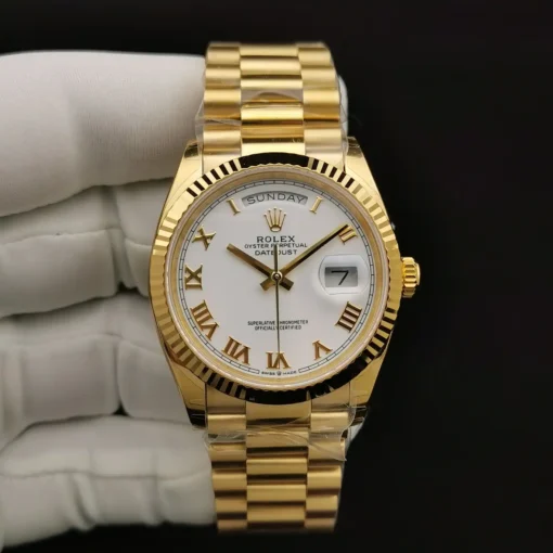 Fake Rolex Day-Date 128238 36mm White Roman Dial Yellow Gold