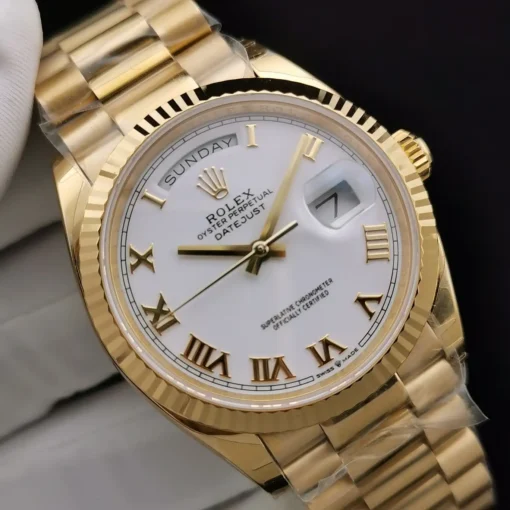 Super Clone Rolex Day-Date 128238 36mm White Roman Dial Yellow Gold