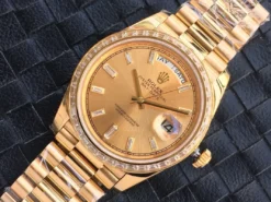 Replica Rolex Day-Date m228238 Gold Dial Close-Up Focus