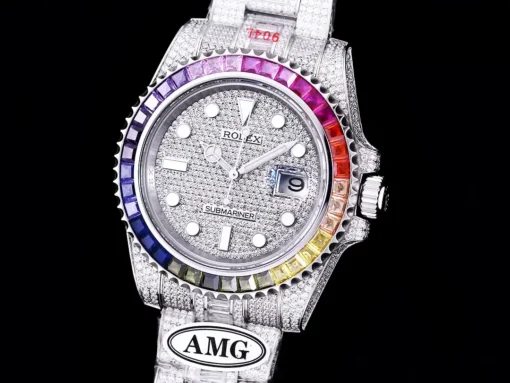 Super Clone Rolex Submariner Iced Out 116610LN 40mm Rainbow Bezel