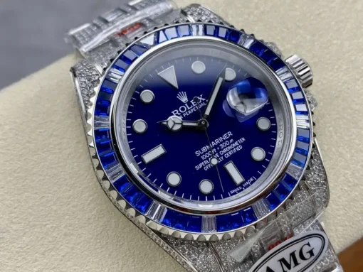 Fake Rolex Submariner Iced Out 116619LB Blue Dial Blue Bezel