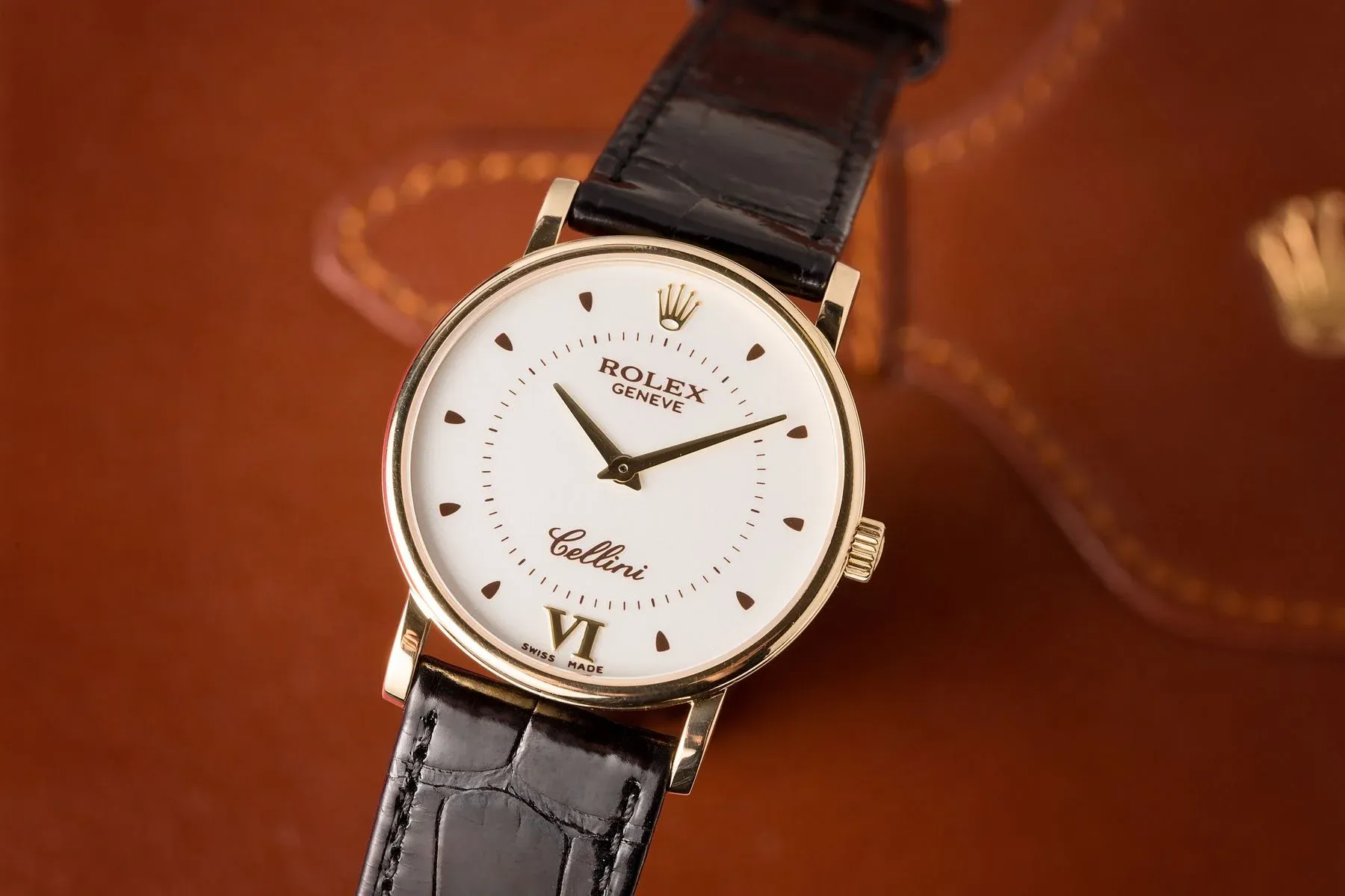 Super Clone Vintage Rolex Cellini White Dial with Dark Brown Leather Strap