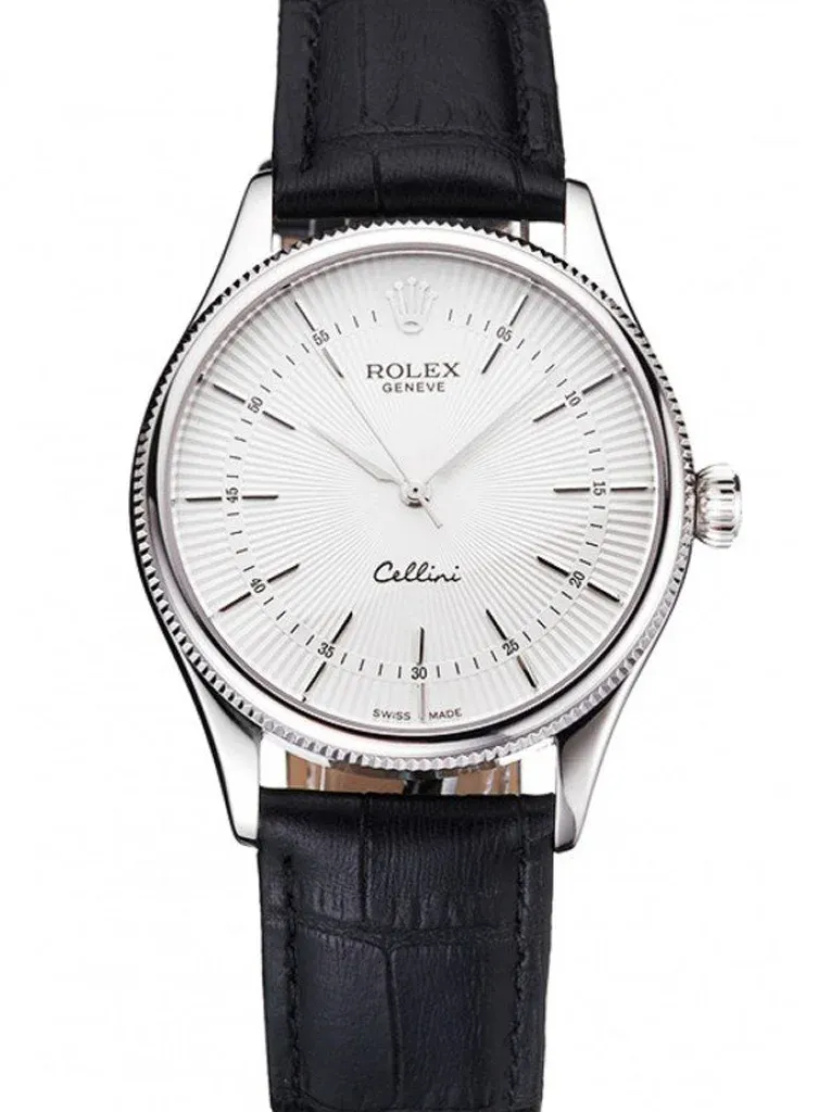 Super Clone Rolex Cellini 38mm white dial with black leather strap