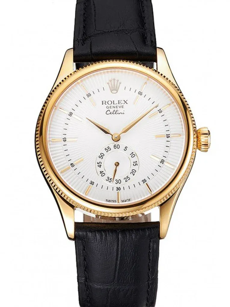 Super Clone Rolex Cellini 38mm white dial golden case with black leather strap