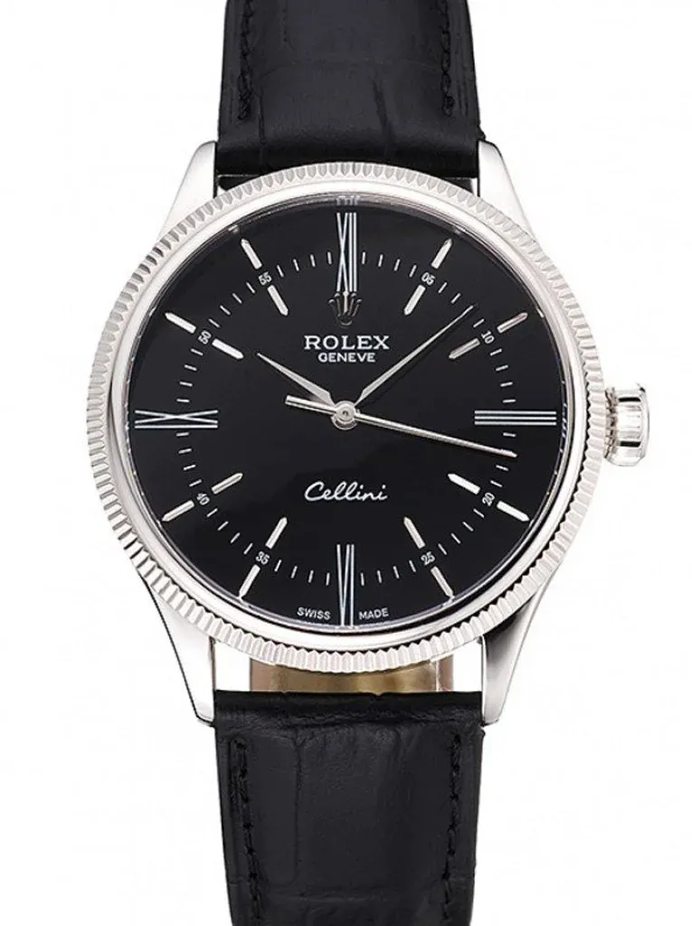 Super Clone Rolex Cellini 39mm Black Dial with Black leather Strap
