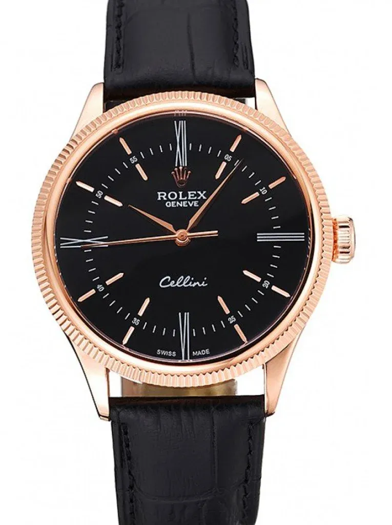 Super Clone Rolex Cellini 39mm Black Dial Golden Case with Black Strap