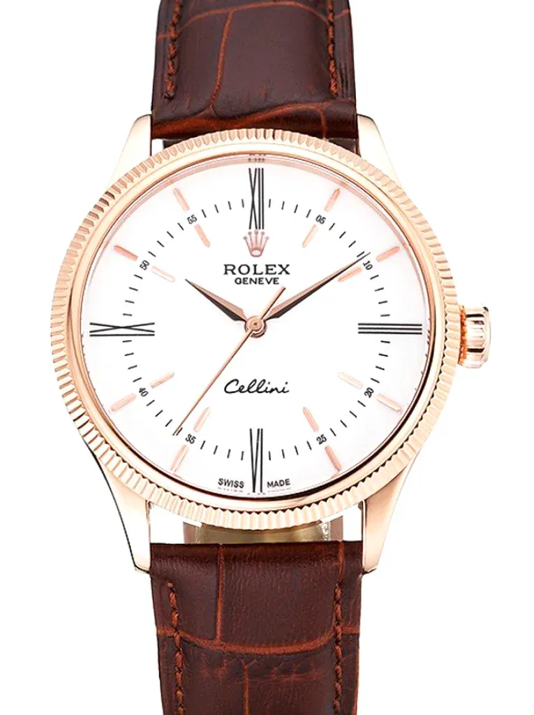 Super Clone Cellini 39mm White Dial Brown Leather Strap